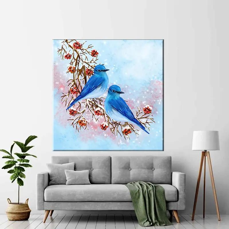 Lienzo de pájaros azules, 2 pájaros en el arte de la pared de la rama, lienzo de paisaje de nieve, lienzo azul de las aves de amor, pintura de pájaros azules, arte de pintura de acuarela, - 1