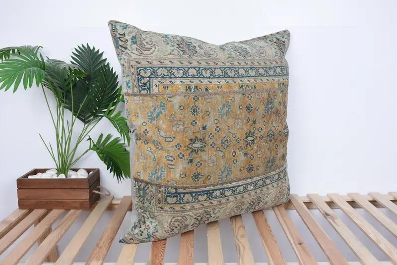 Orange & Blue Patchwork Throw Pillow, 32x32 Inches, Embroidered Vintage Cushion - 5