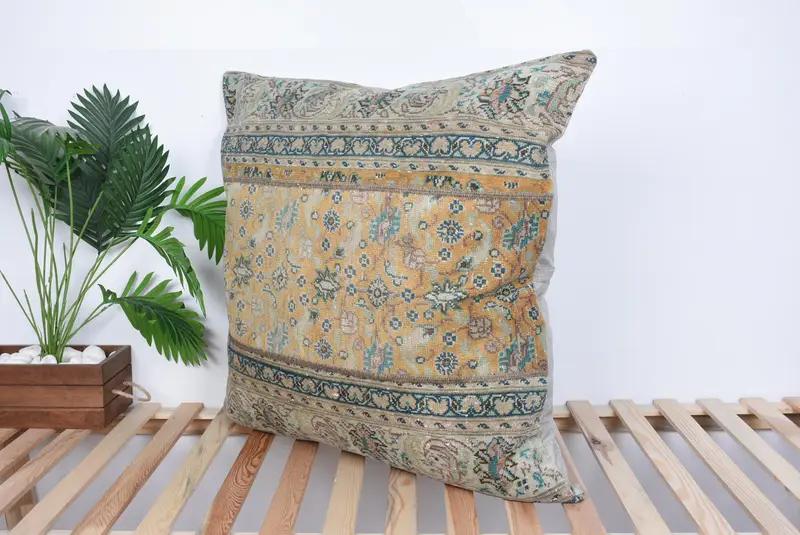 Orange & Blue Patchwork Throw Pillow, 32x32 Inches, Embroidered Vintage Cushion - 6