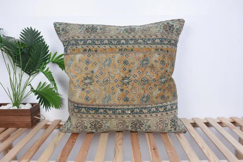 Orange & Blue Patchwork Throw Pillow, 32x32 Inches, Embroidered Vintage Cushion - 1
