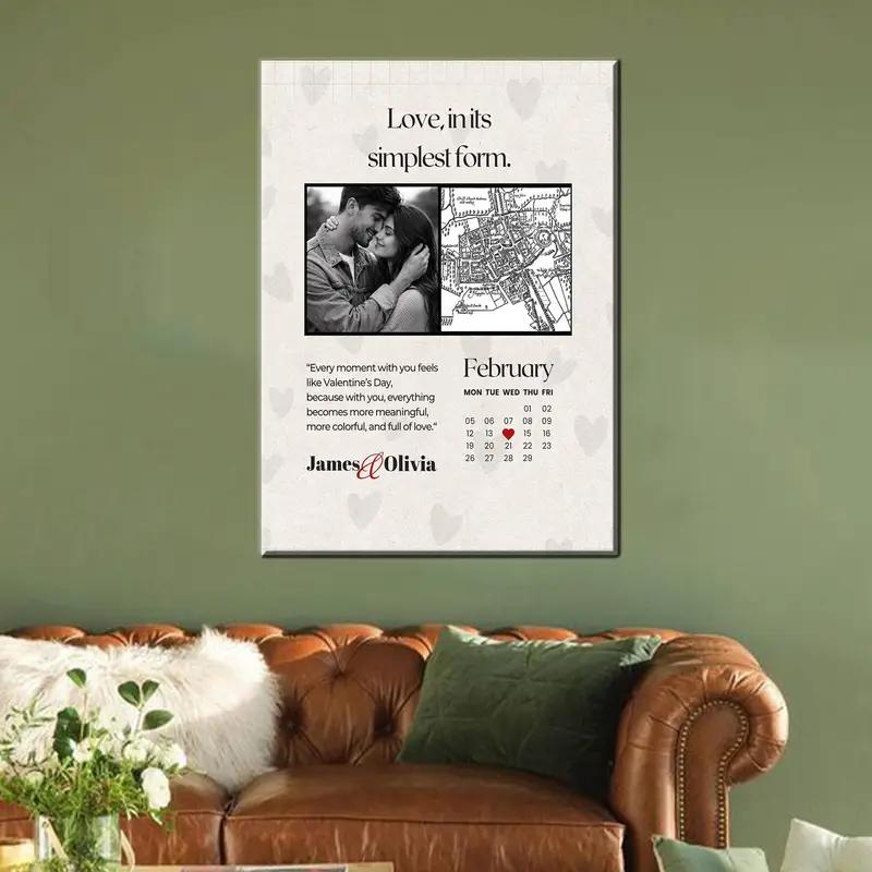 Valentine’s Day Special Beige & Black Personalized Canvas – Elegant Love Map Photo Collage - 1