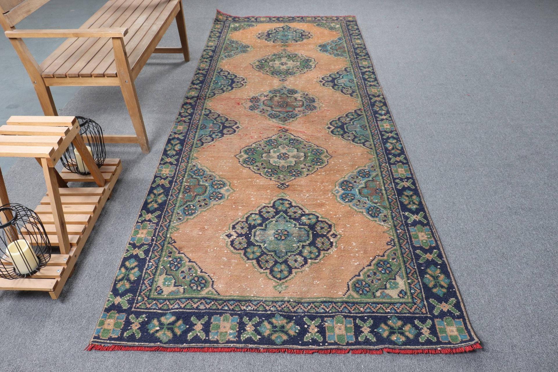 Vintage Blue Wool Runner Rug 4.2x10.7 ft , Handmade Turkish Rug