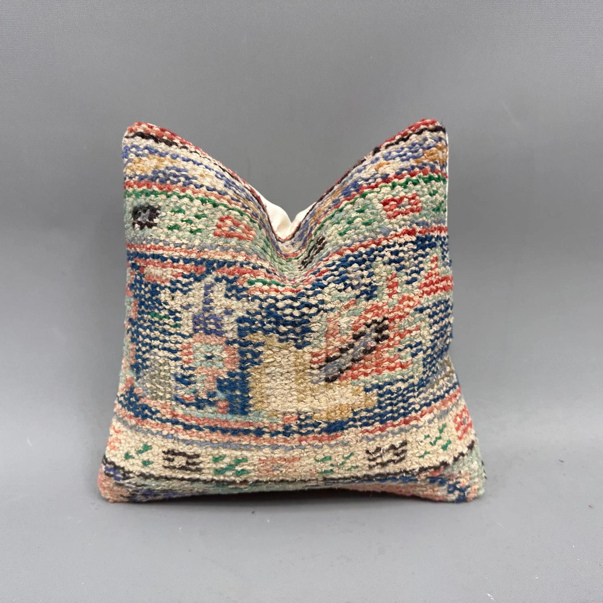 Embroidered Southwestern Pattern, 12x12 Inch Blue & Beige Pillow