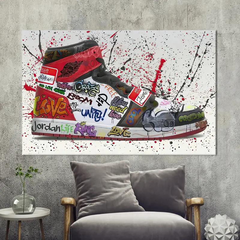 Arte de zapatillas de zapatillas de zapatillas, zapatos de graffiti arte de pared, póster de zapatillas, arte de pared de graffiti, arte de pared de moda, decoración de la pared de lona, arte de pared de lona - 1