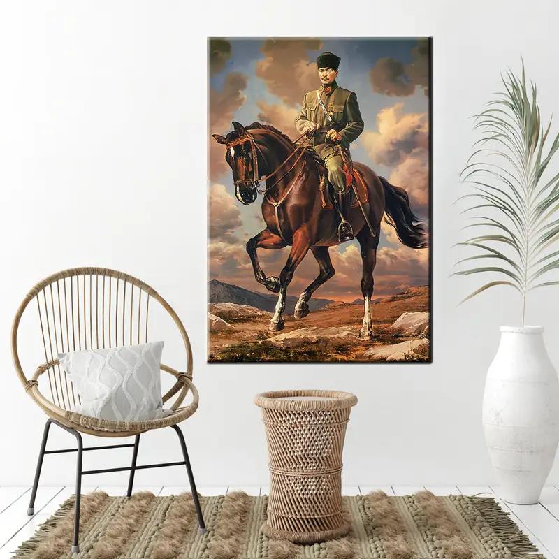 Arte de pared de Atatürk, pintura al óleo de Ataturk, Ride Ataturk On Horse, Mustafa Kemal Atatürk Poster, Living Room Decor, Turkish Art, Turkish Art, - 1