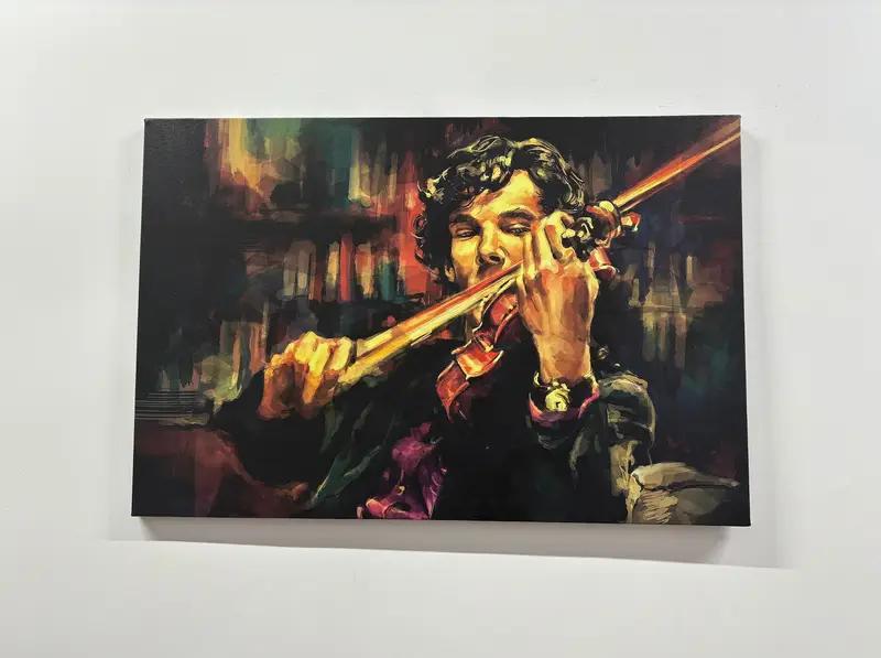 Arte de lona de violines para hombres, sherlock holmes arte, arte de lona abstracta, arte de pintura al óleo, arte de pared de la música, decoración de la pared del violín, decoración del arte del violín - 1