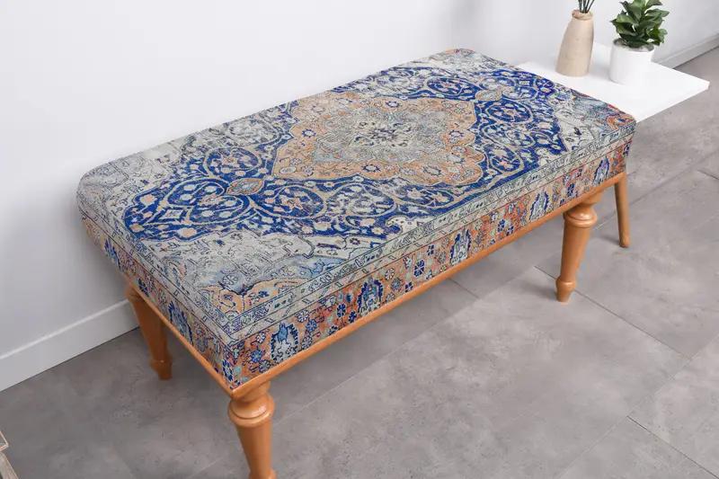 Art Nouveau Bench, Blue & Orange Kilim-Inspired Bench - 1