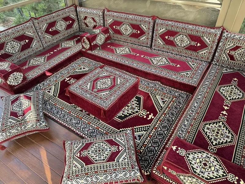 U-shaped Floor Cushion Set, Turkish Floor Sofa Set, Ethnic Home Decor Seating, Handmade Sofa, Tribal Design Sofa, Oriental Boho Lounge Set, - 1