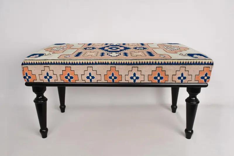 Ottoman Bench, Upholstered Bench, Turkish Rug Bench, Kilim Bench, Home Decor Bench, Handmade Bench, Coffee Bench, Dining Table Bench, - 6