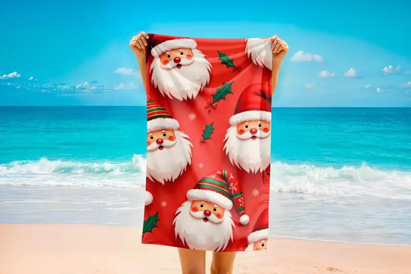 Santa Claus Printed Towel, Red Christmas Beach Towel, Festive Santa and Holly Design, Holiday Gift for Winter, Golf Towel, Xmas Towel - 1