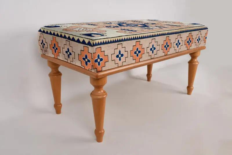 Ottoman Bench, Upholstered Bench, Turkish Rug Bench, Kilim Bench, Home Decor Bench, Handmade Bench, Coffee Bench, Dining Table Bench, - 3