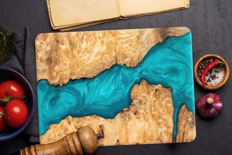 Epoxy River Glass Cutting Board | Blue Resin and Wood Art Design Glass  | Unique Tempered Glass Chopping Board | Kitchen Gift Idea - 3