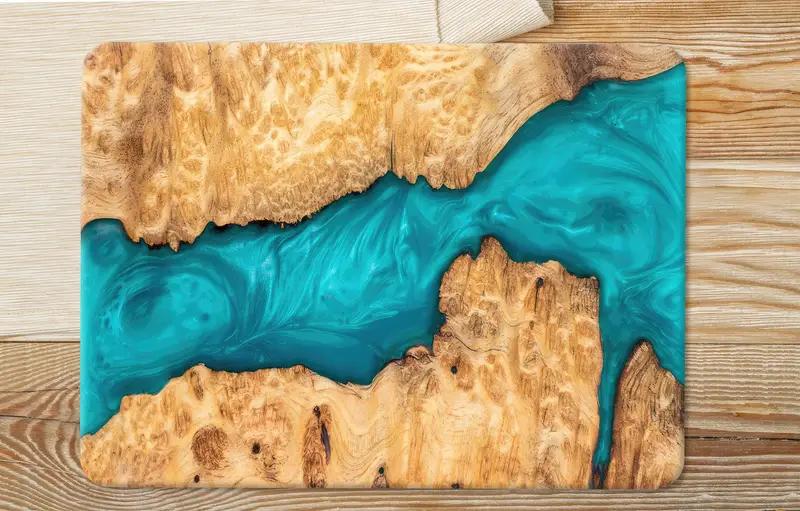 Epoxy River Glass Cutting Board | Blue Resin and Wood Art Design Glass  | Unique Tempered Glass Chopping Board | Kitchen Gift Idea - 1