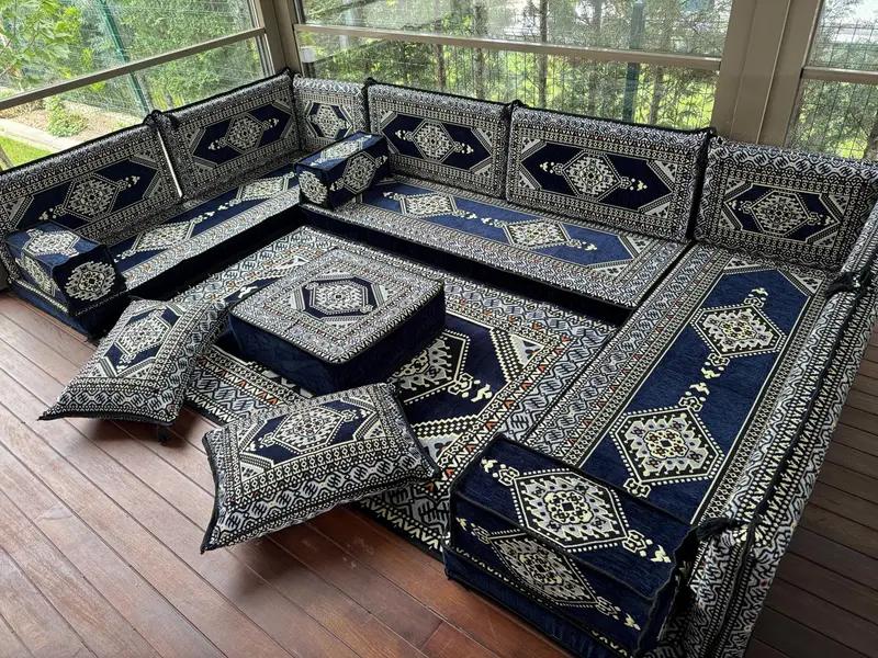 Ottoman Floor Seating, Traditional Floor Sofa, U-shaped Floor Cushion, Sectional Floor Seating, Kilim Pattern Pillow, Home Decor - 1