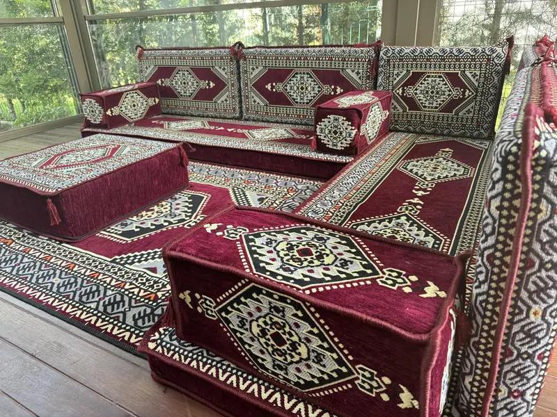 U-shaped Floor Cushion Set, Turkish Floor Sofa Set, Ethnic Home Decor Seating, Handmade Sofa, Tribal Design Sofa, Oriental Boho Lounge Set, - 7