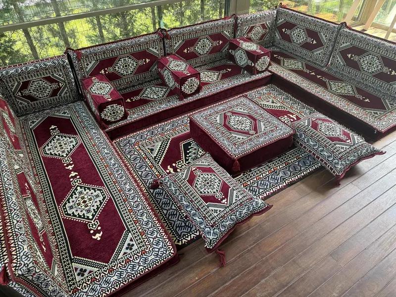 U-shaped Floor Cushion Set, Turkish Floor Sofa Set, Ethnic Home Decor Seating, Handmade Sofa, Tribal Design Sofa, Oriental Boho Lounge Set, - 4