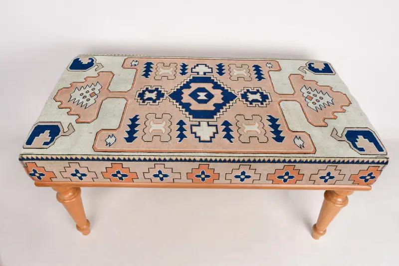 Ottoman Bench, Upholstered Bench, Turkish Rug Bench, Kilim Bench, Home Decor Bench, Handmade Bench, Coffee Bench, Dining Table Bench, - 1