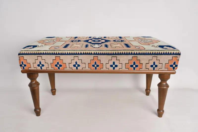 Ottoman Bench, Upholstered Bench, Turkish Rug Bench, Kilim Bench, Home Decor Bench, Handmade Bench, Coffee Bench, Dining Table Bench, - 2