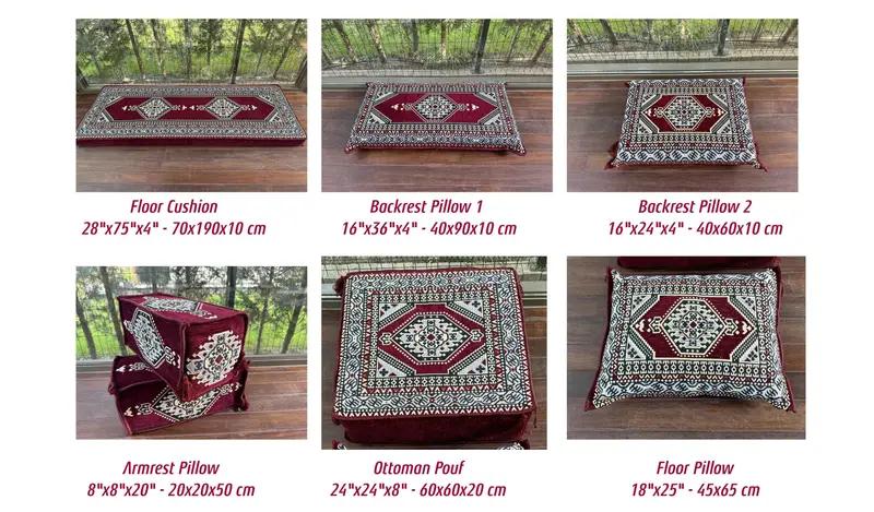 U-shaped Floor Cushion Set, Turkish Floor Sofa Set, Ethnic Home Decor Seating, Handmade Sofa, Tribal Design Sofa, Oriental Boho Lounge Set, - 6