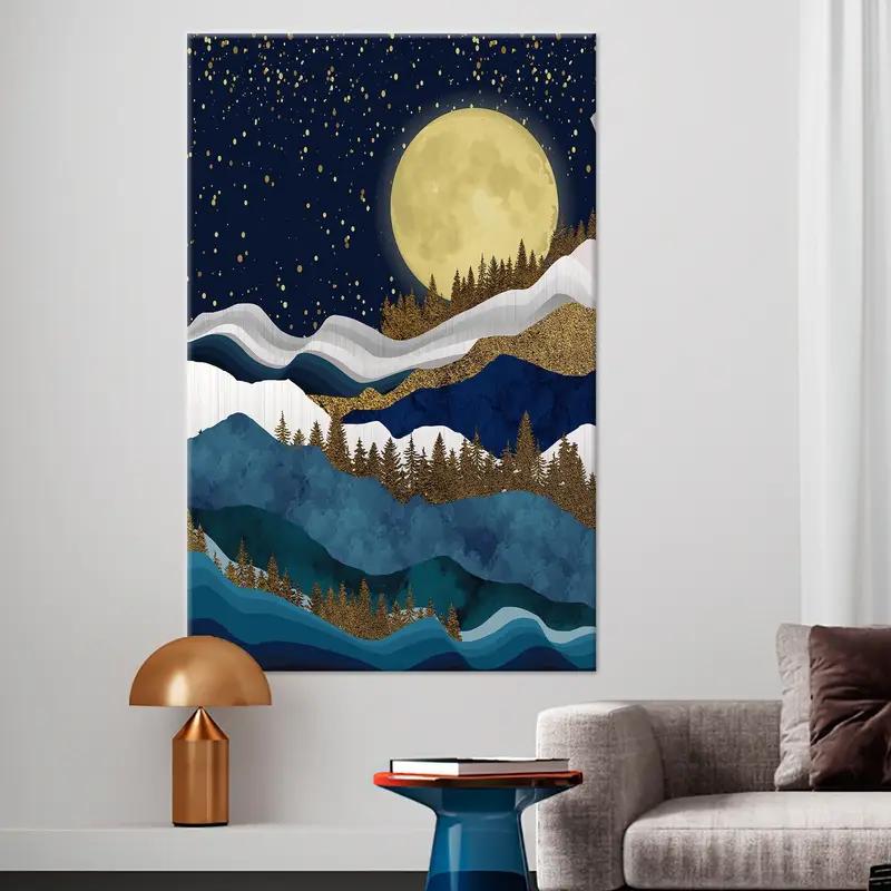 Paisaje de luna llena, lienzo de luna llena, paisaje de montaña, arte de pared de cielo estrellado, lienzo de paisaje nocturno, arte de pared de montaña, estampado de oro, - 1