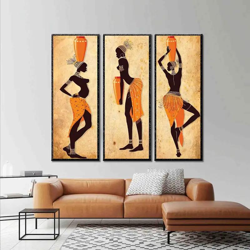 Conjunto de 3 obras de arte de mujeres africanas de baile étnico, lienzo moderno de arte de pared, arte de pared de niñas africanas, decoración de pared de naranja, mujer negra para la pared, - 1