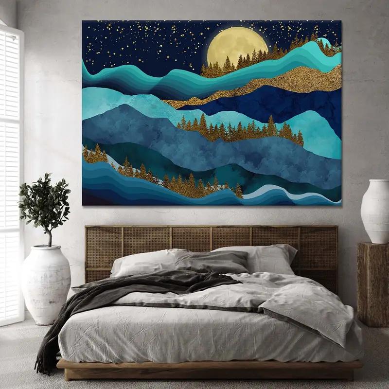 Lienzo de la tarde verde azulado, arte de pared abstracto, estampado de lienzo de paisaje, decoración de pared azul y dorada, lienzo de montaña de medianoche, pintura de frana espacial - 1