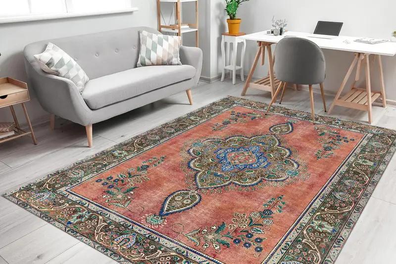 Alfombra estampada elegante: patrón vintage turco floral azul y marrón - 1