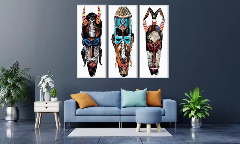 Mascaras africanas lienzo, diseño de interiores africanos, cartel de máscara de cara afro, máscaras étnicas africanas, decoración étnica nómada, lienzo de máscaras tribales, - 1