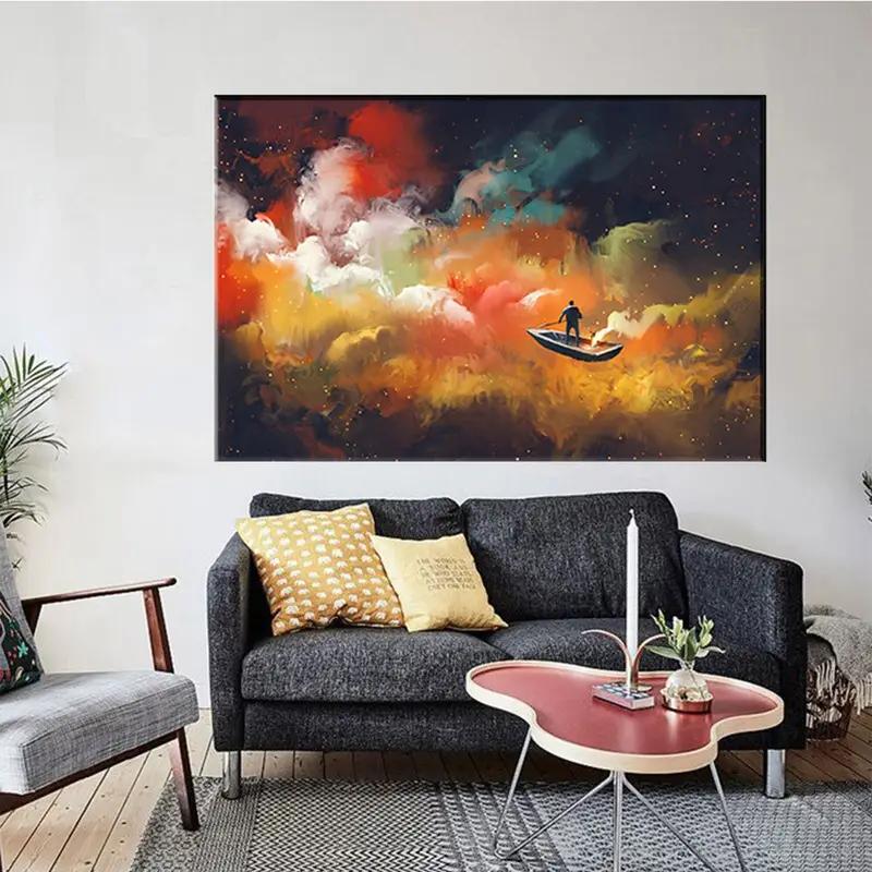 Hombre en un barco en el espacio exterior con colorida nube, lienzo de arte de pared, pintura abstracta, obras de arte abstractas, arte de pared moderno, obras de arte de la nube - 1
