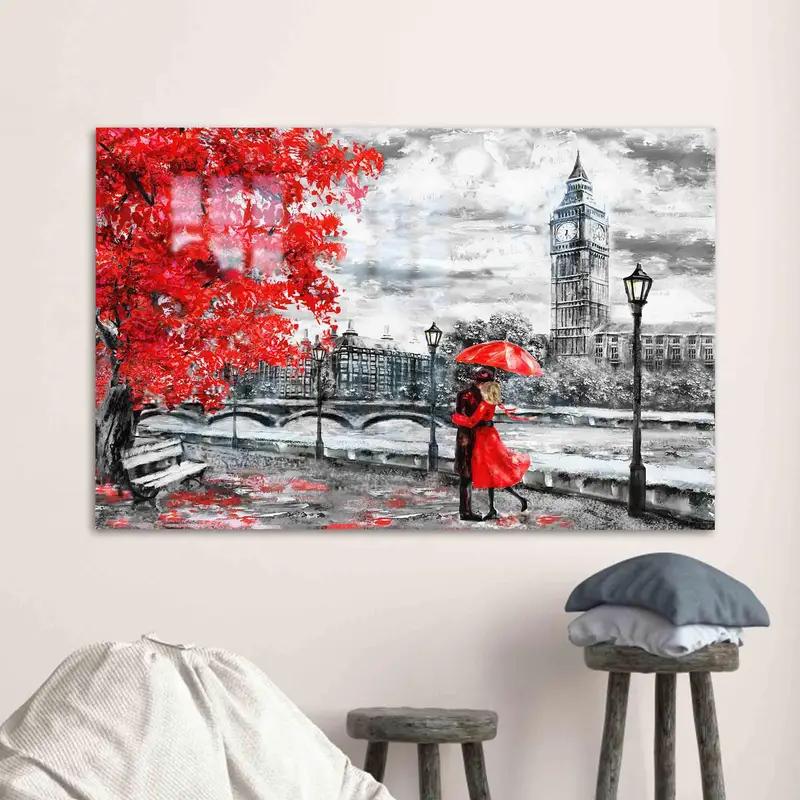 Romantic London Glass: Big Ben, Red Umbrella, Valentine's Gift - 1