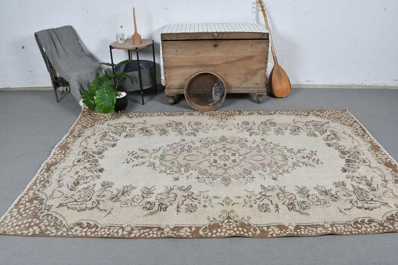 5.2x8.7 ft Handmade Turkish Oriental Rug , Vintage Beige Wool Rug - 2