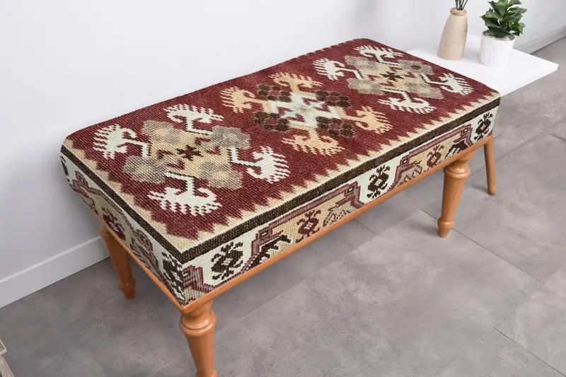 Scandinavian Bench, Red & Yellow Kilim-Inspired Bench - 1