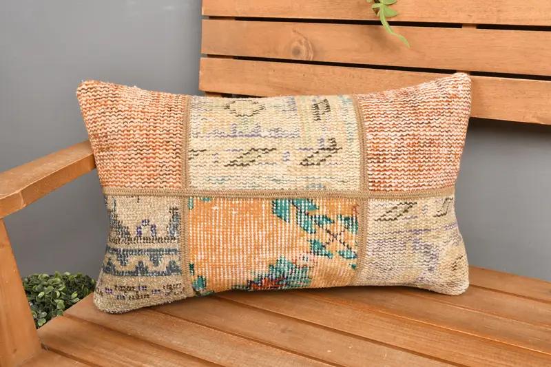 Orange & Beige Patchwork Throw Pillow, Handmade Embroidered Cushion - 1