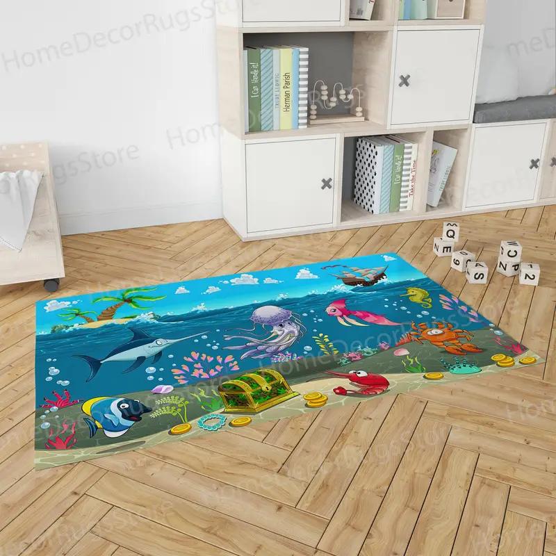 Elegant Underwater Cartoon Printed Rug: Colorful Undersea Design - 1