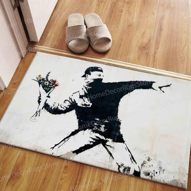 Elegant Printed Rug: Banksy-Inspired Flower Molotov Design - 1