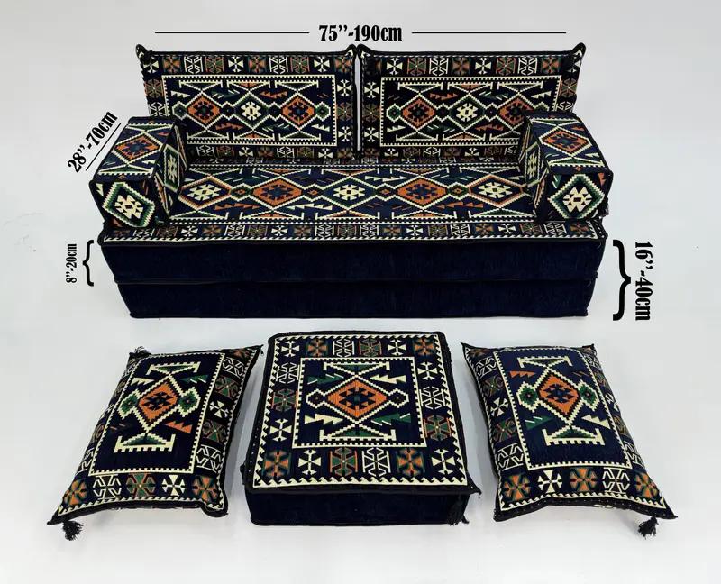 Handmade Kilim-Inspired Blue & Black Pouf, Multi-Purpose Seating Pouf - 1