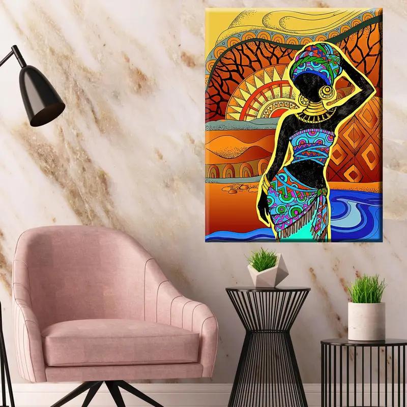 Decoración de arte de niña africana, arte de pared étnica, decoración de lona de mujer negra, lienzo de arte de pared, estampados de fotos de lona, decoración colgante de pared, alfombra de decoración del hogar, - 1