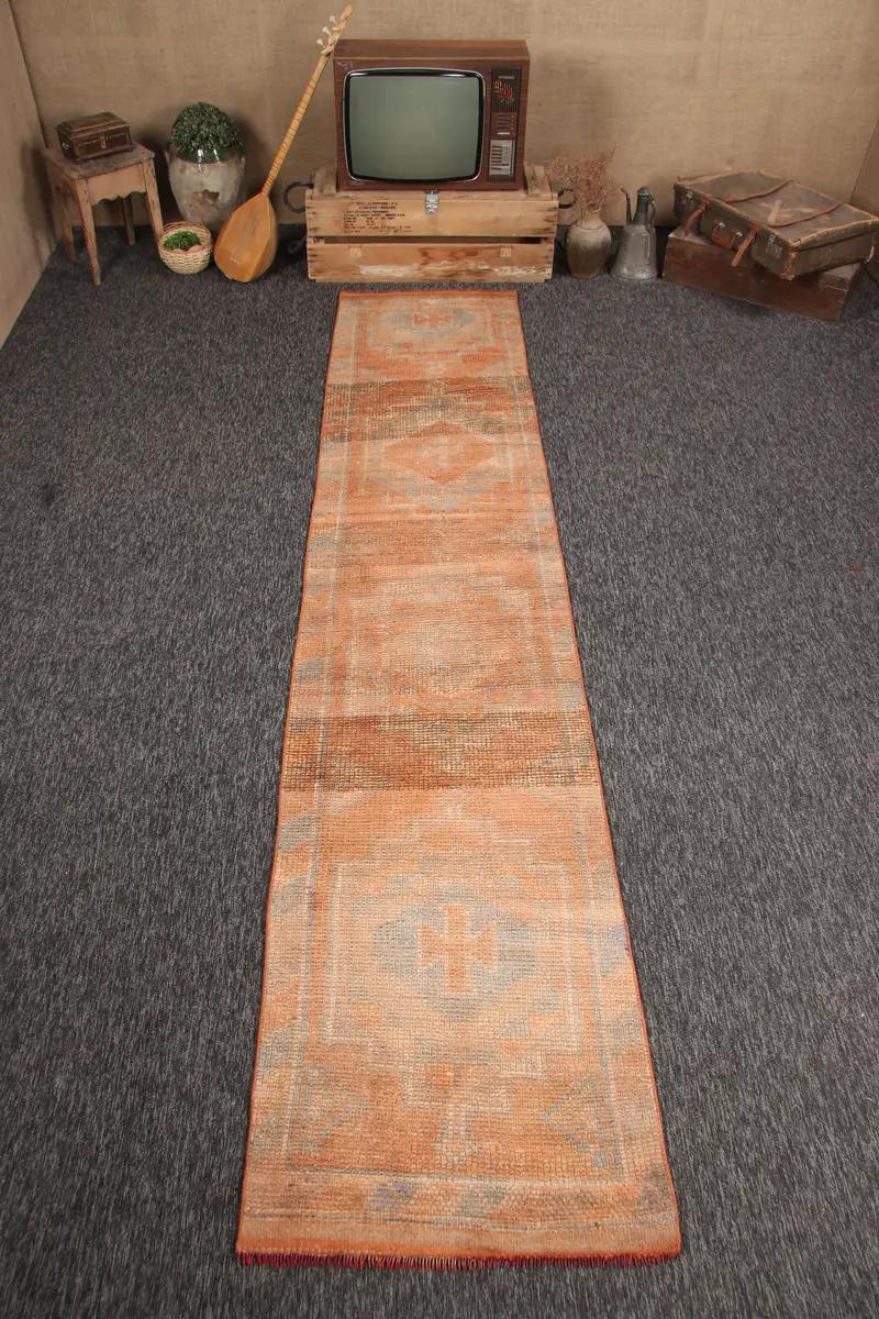 Alfombra turca pequeña 2,5x11,6 pies, alfombra geométrica gris naranja - 1