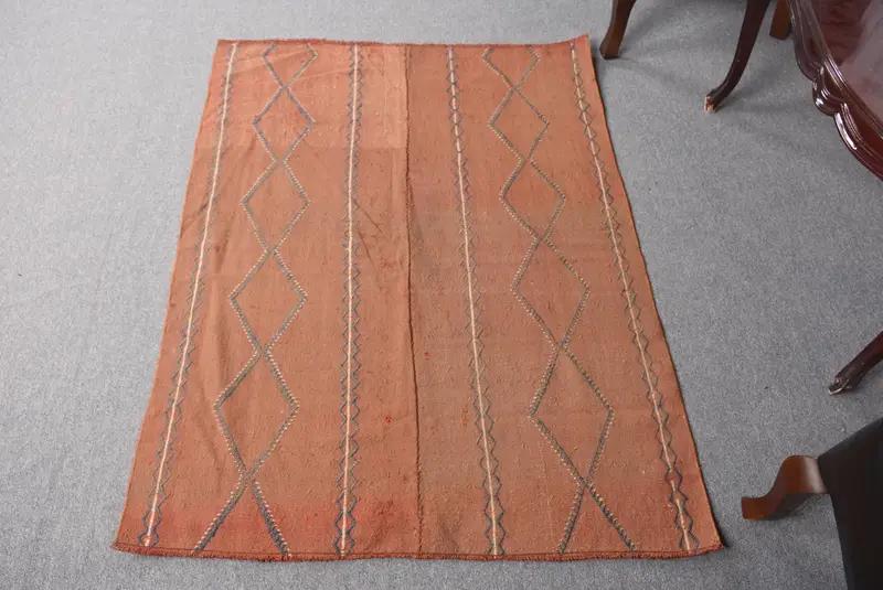 Alfombra Hecha a Mano Marrón y Azul, 3,4x4,5 ft Rayas Geométricas - 1