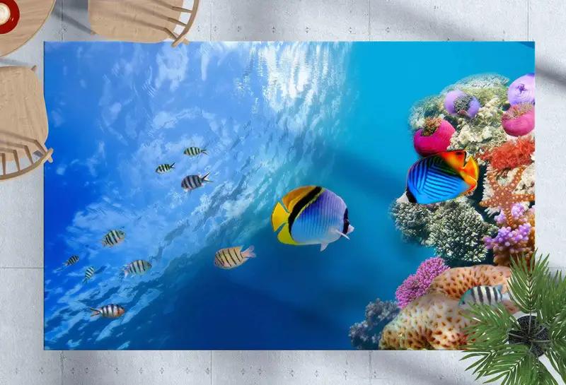 Alfombra con estampado de paisaje marino submarino con peces tropicales y azules del océano - 1