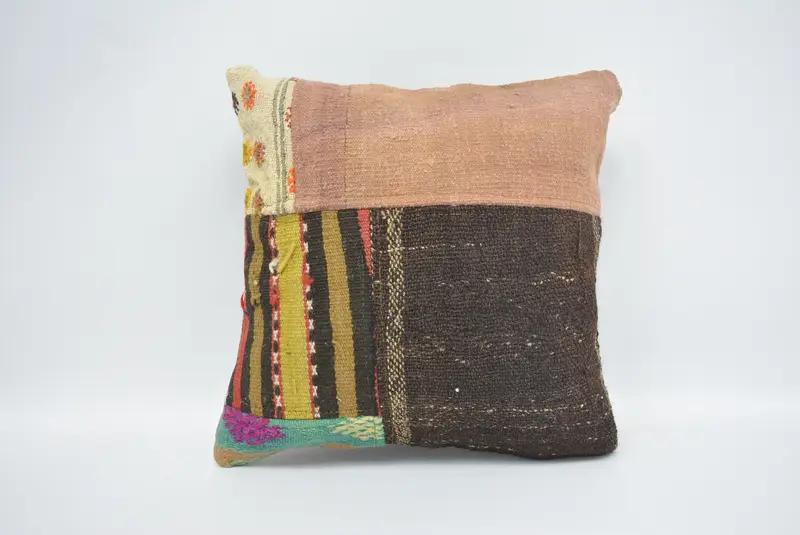 Almohada de tiro bordado marrón y amarillo, 16x16 pulgadas, cojín de patrón geométrico - 1