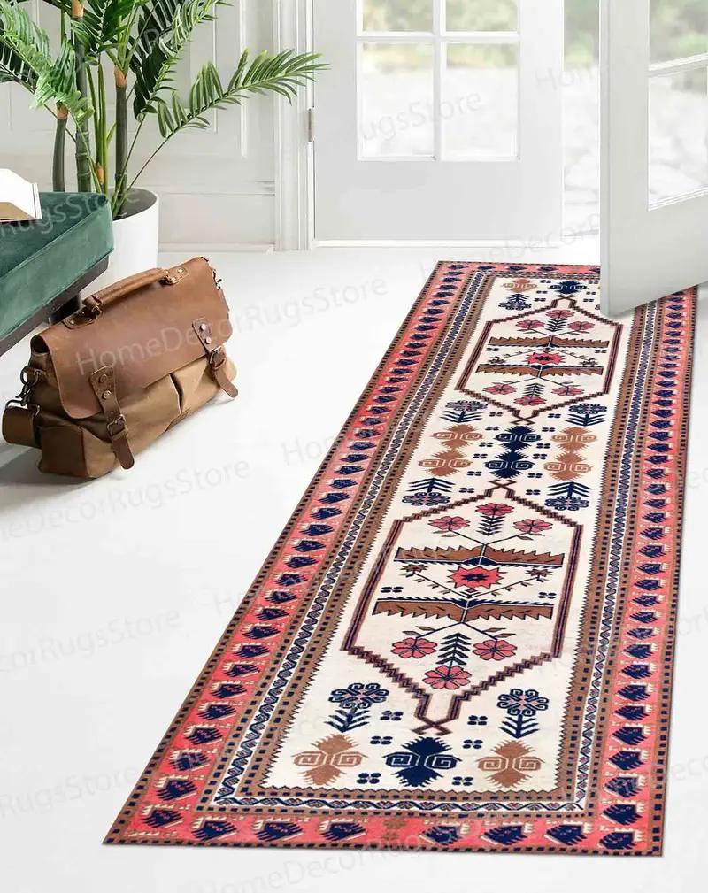 Pink & Brown Kilim Printed Rug with Aztec & Navajo Patterns - 1