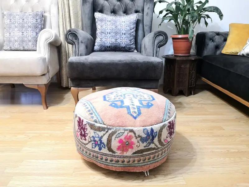 Rose Gold & Bronze Kilim Pouf, Handmade Wool Ottoman Pouf - 1
