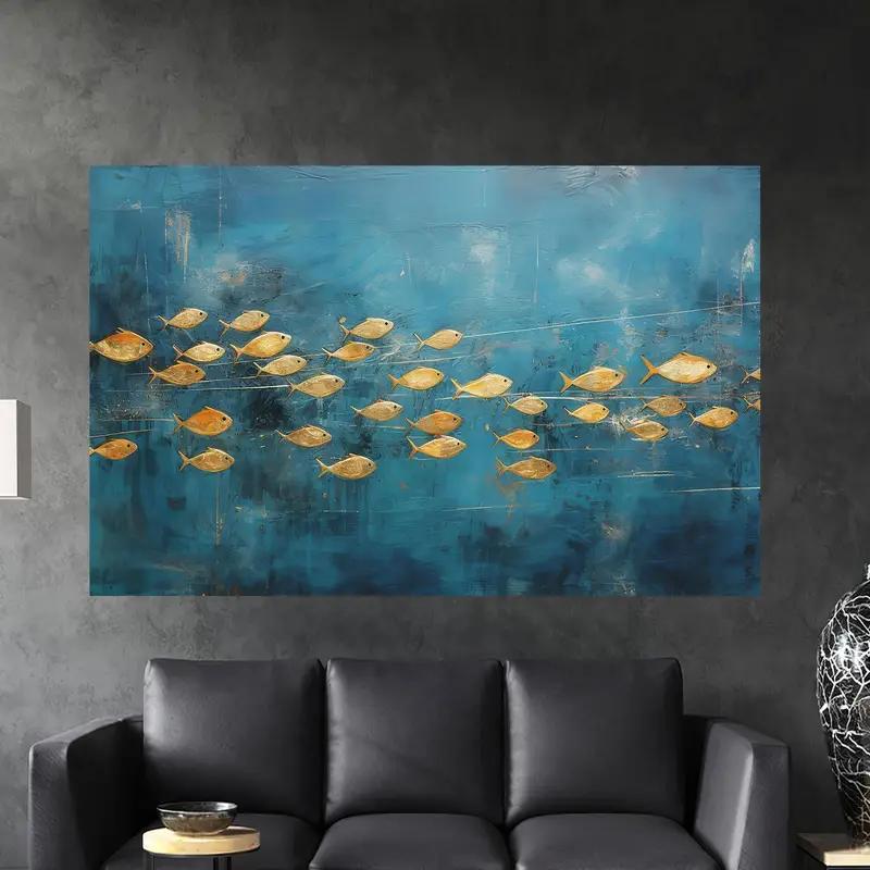 Vidrio impreso moderno con peces dorados y azules: decoración elegante para el hogar - 1
