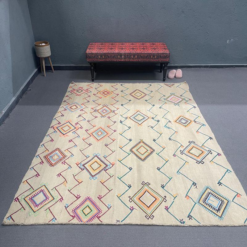 6x7.7ft Handmade Turkish Beige Wool Rug , Vintage Oriental Rectangle Rug - 1