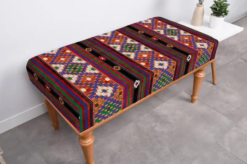 Scandinavian Bench, Red & Rainbow Kilim-Inspired Wool Blend Bench - 1