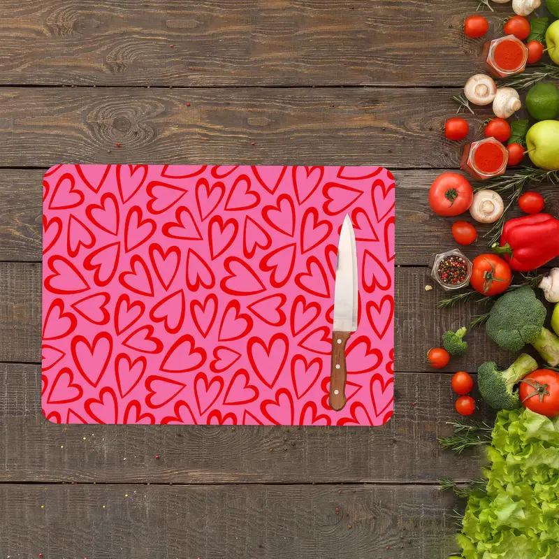 Modern Pattern Glass Cutting Board, Pink and Red Heart Design - 1