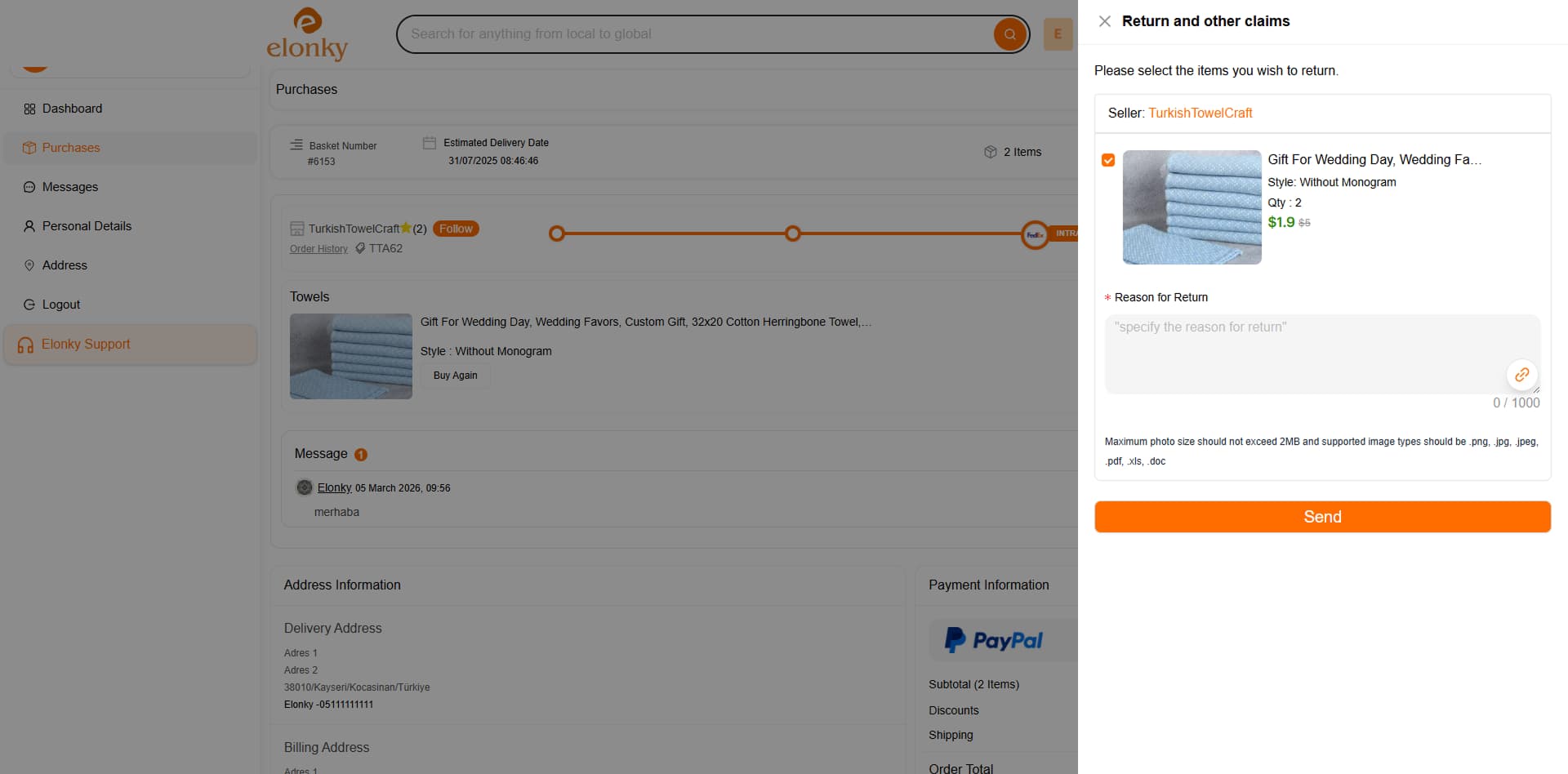 Elonky Return and Other Claims drawer — select items and submit your return