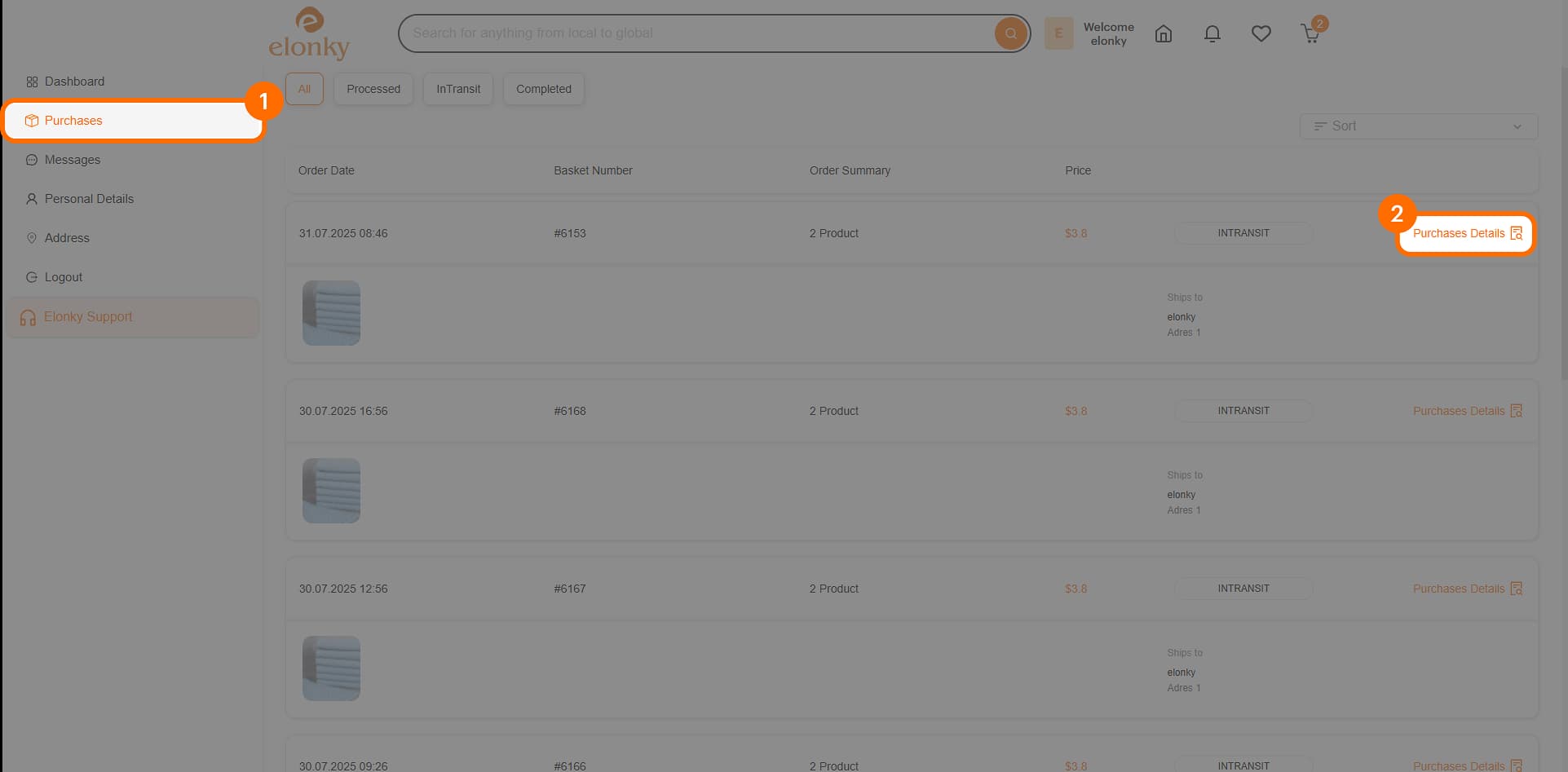 Elonky Purchases page — step 1: find the order, step 2: open Purchase Details