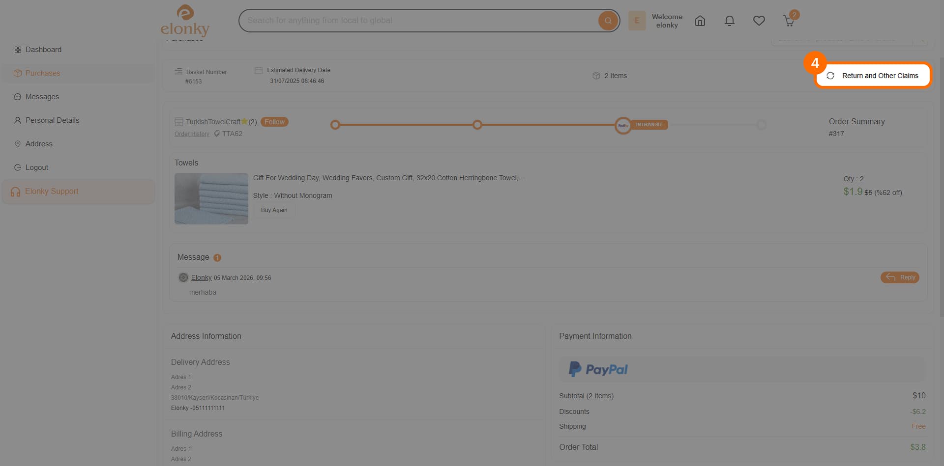 Elonky Purchase Details page — step 4: click Return and Other Claims